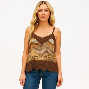 Democracy Boho Crochet Lace Trim Graphic Cami Tank Top Women Size L Brown